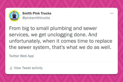 Twitter screenshot from the Smith Twitter account pertaining to advice on sewer line replacement.