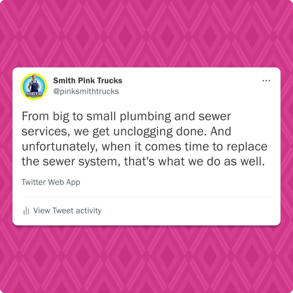 Twitter screenshot from the Smith Twitter account pertaining to advice on sewer line replacement.