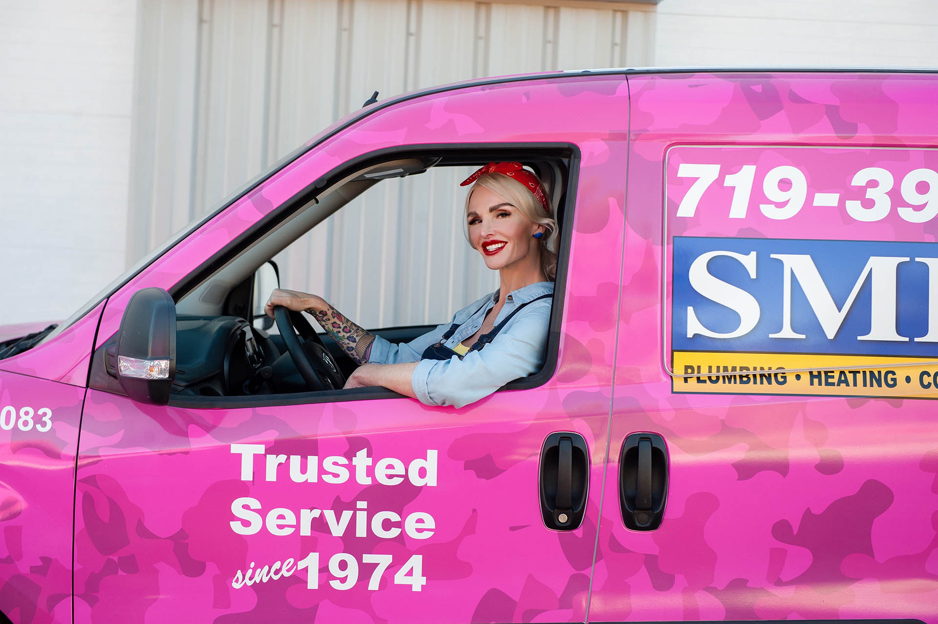 Eva driving pink truck